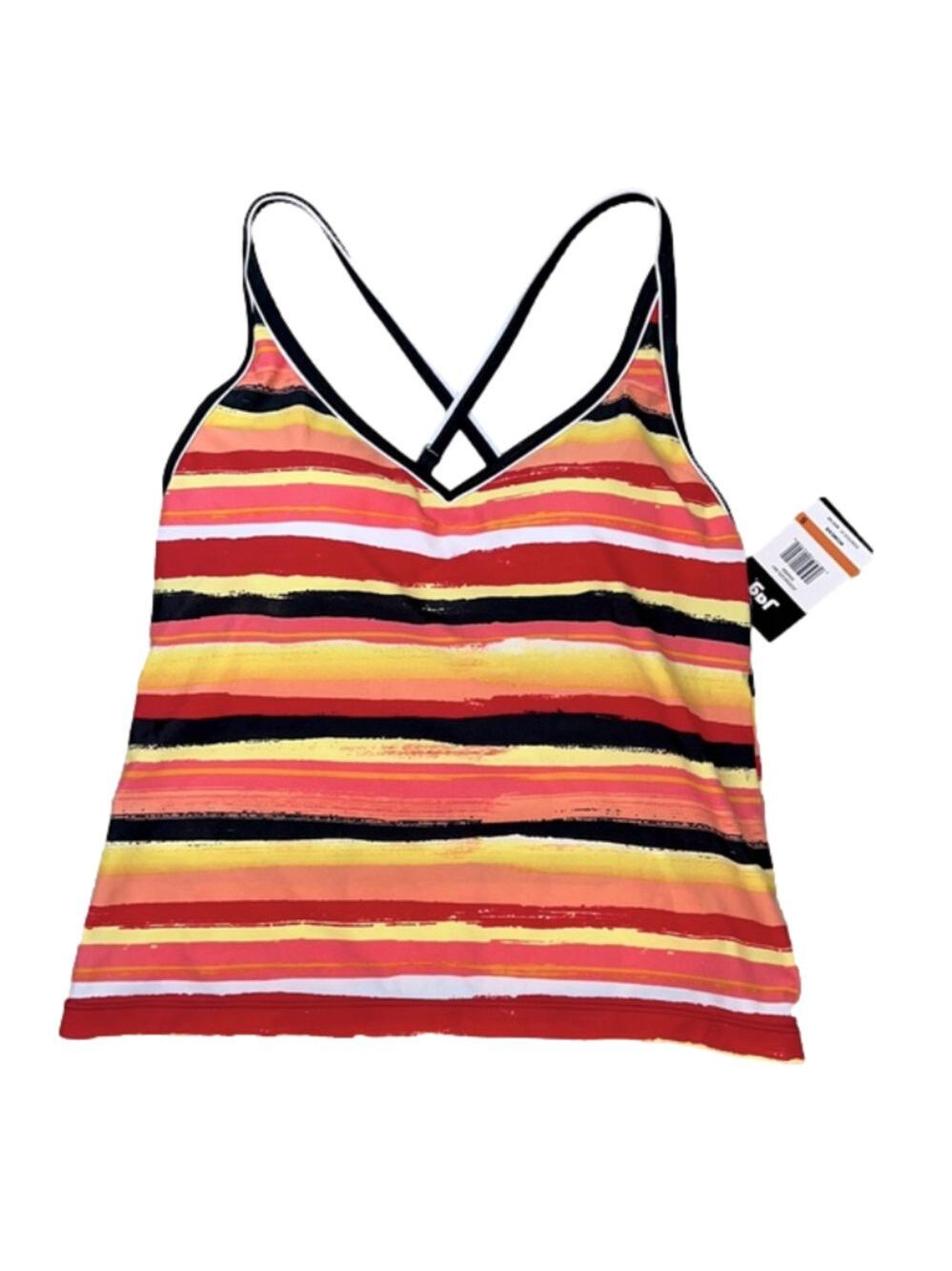 Jag Swim Black, Red, Orange, & Yellow Stripes X Back Tankini Top - Sz Small, NWT